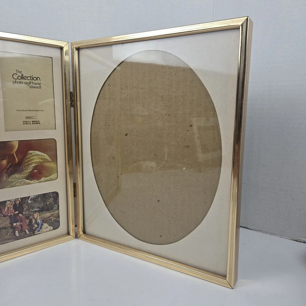 Vtg 80s Gold Tone Hinged Bi-fold Metal Photo Frame Collage & Oval Matte 11x9 USA
